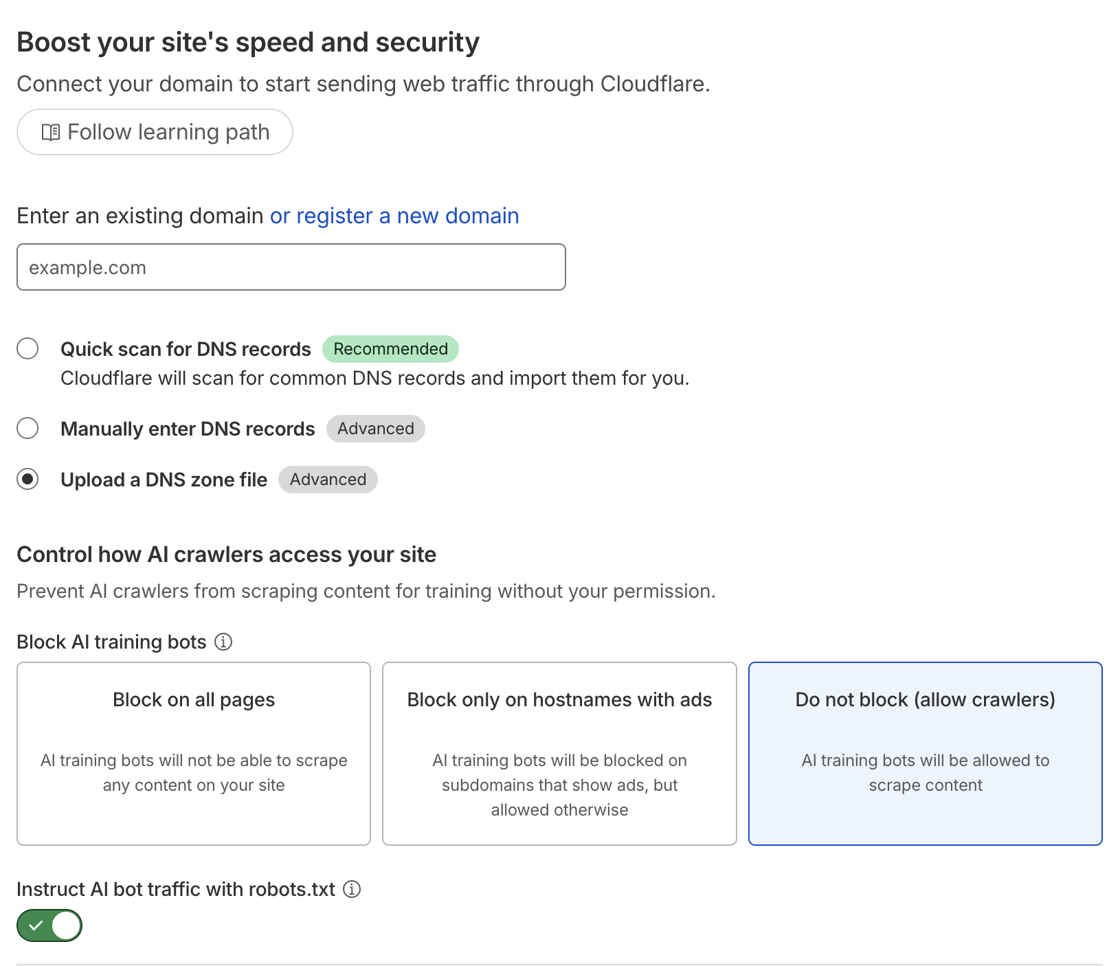 Cloudlare's Add Site Form